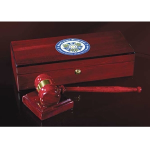 Gavel Set,  Rosewood Piano Finish; Box is 5" x 12" x 3"; Gavel is 10.25"; Sound Block is 3.5"x3.5" 
