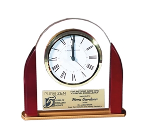 Rosewood and Glass Arch Table Alarm Clock with Brass Accents 6.25" tall v 6.75" wide 