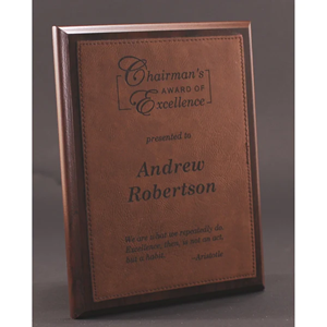 Simulated Walnut Plaque With Dark Brown Lasered Leatherette Plate 